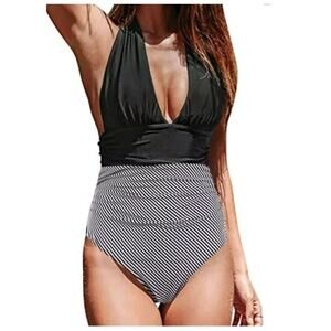 CUPSHE Womens Swimsuit One Piece Large Halter Plunge Neck Ruched Tummy Control